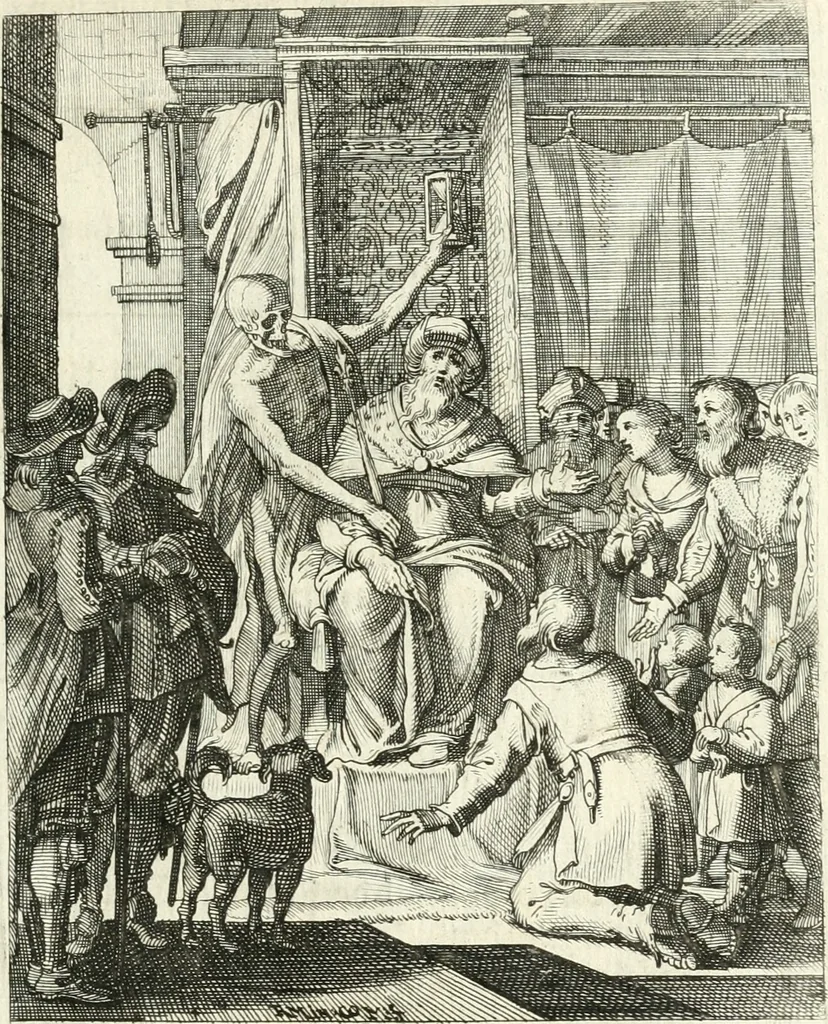 An illustration from Sterbensspiegel, das ist, Sonnenklare Vorstellung menschlicher Nichtigkeit durch alle Ständ und Geschlechter : vermitlest 60. dienstlicher Kupferblätteren, lehrzeicher Vberschrifften, und beweglicher zu vier stimmen aussgesetzter Todtengessängen, 1650, leaf 78