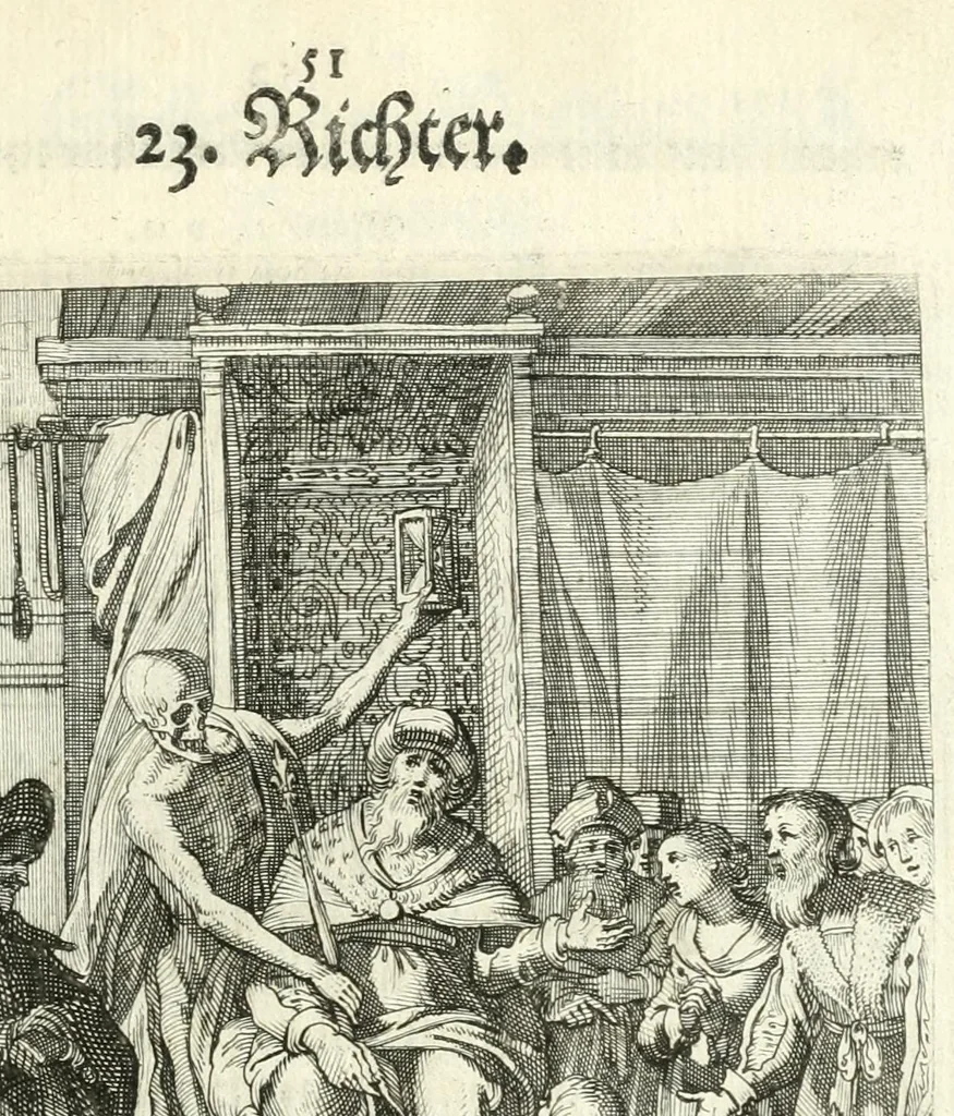 An illustration from Sterbensspiegel, das ist, Sonnenklare Vorstellung menschlicher Nichtigkeit durch alle Ständ und Geschlechter : vermitlest 60. dienstlicher Kupferblätteren, lehrzeicher Vberschrifften, und beweglicher zu vier stimmen aussgesetzter Todtengessängen, 1650, leaf 79