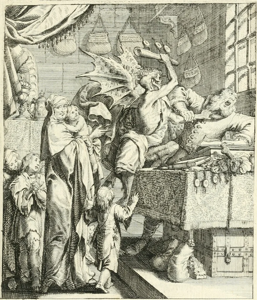 An illustration from Sterbensspiegel, das ist, Sonnenklare Vorstellung menschlicher Nichtigkeit durch alle Ständ und Geschlechter : vermitlest 60. dienstlicher Kupferblätteren, lehrzeicher Vberschrifften, und beweglicher zu vier stimmen aussgesetzter Todtengessängen, 1650, leaf 80