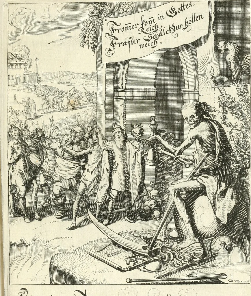 An illustration from Sterbensspiegel, das ist, Sonnenklare Vorstellung menschlicher Nichtigkeit durch alle Ständ und Geschlechter : vermitlest 60. dienstlicher Kupferblätteren, lehrzeicher Vberschrifften, und beweglicher zu vier stimmen aussgesetzter Todtengessängen, 1650, leaf 84