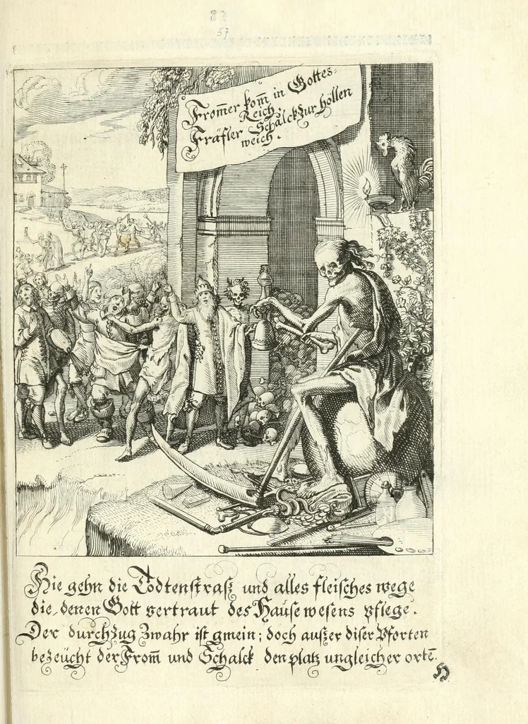 An illustration from Sterbensspiegel, das ist, Sonnenklare Vorstellung menschlicher Nichtigkeit durch alle Ständ und Geschlechter : vermitlest 60. dienstlicher Kupferblätteren, lehrzeicher Vberschrifften, und beweglicher zu vier stimmen aussgesetzter Todtengessängen, 1650, leaf 85