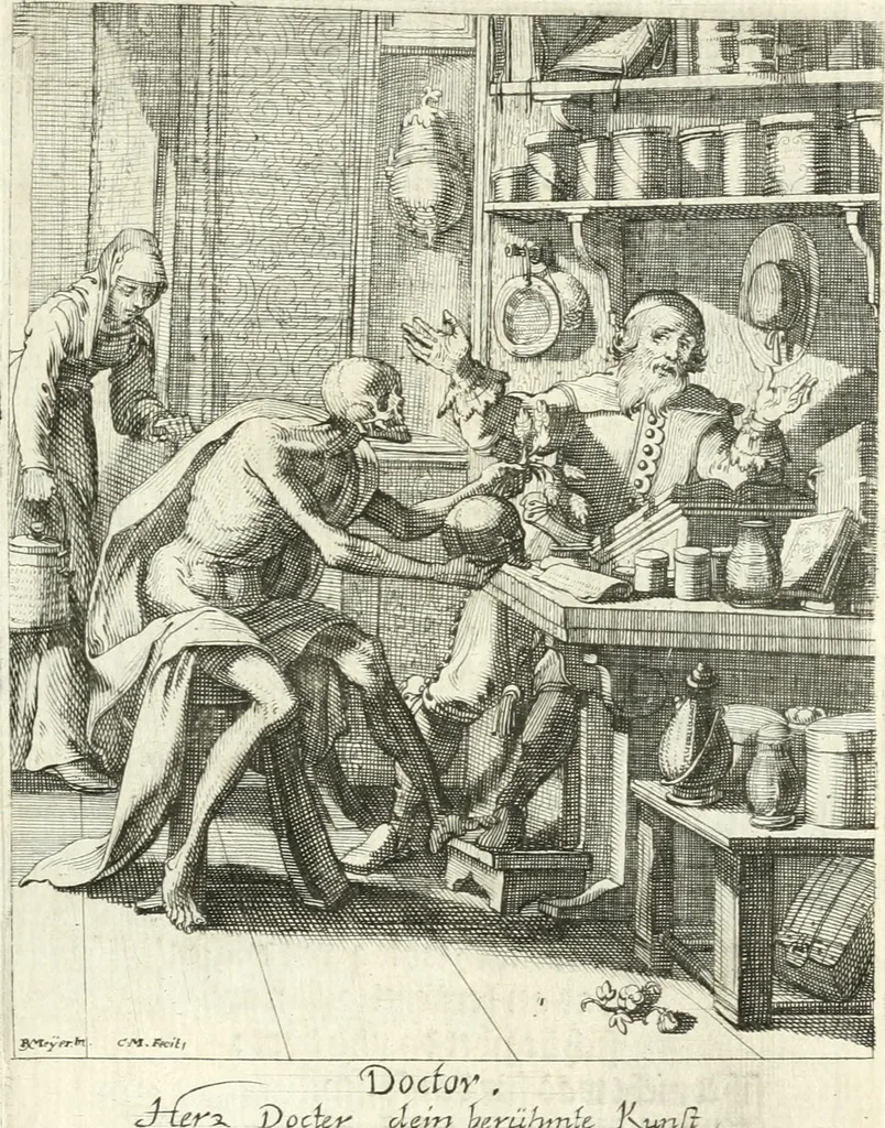 An illustration from Sterbensspiegel, das ist, Sonnenklare Vorstellung menschlicher Nichtigkeit durch alle Ständ und Geschlechter : vermitlest 60. dienstlicher Kupferblätteren, lehrzeicher Vberschrifften, und beweglicher zu vier stimmen aussgesetzter Todtengessängen, 1650, leaf 86