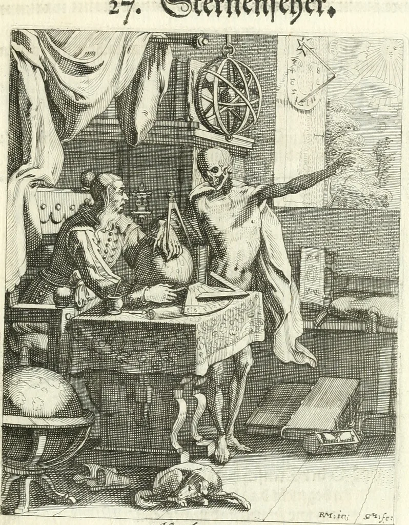 An illustration from Sterbensspiegel, das ist, Sonnenklare Vorstellung menschlicher Nichtigkeit durch alle Ständ und Geschlechter : vermitlest 60. dienstlicher Kupferblätteren, lehrzeicher Vberschrifften, und beweglicher zu vier stimmen aussgesetzter Todtengessängen, 1650, leaf 88