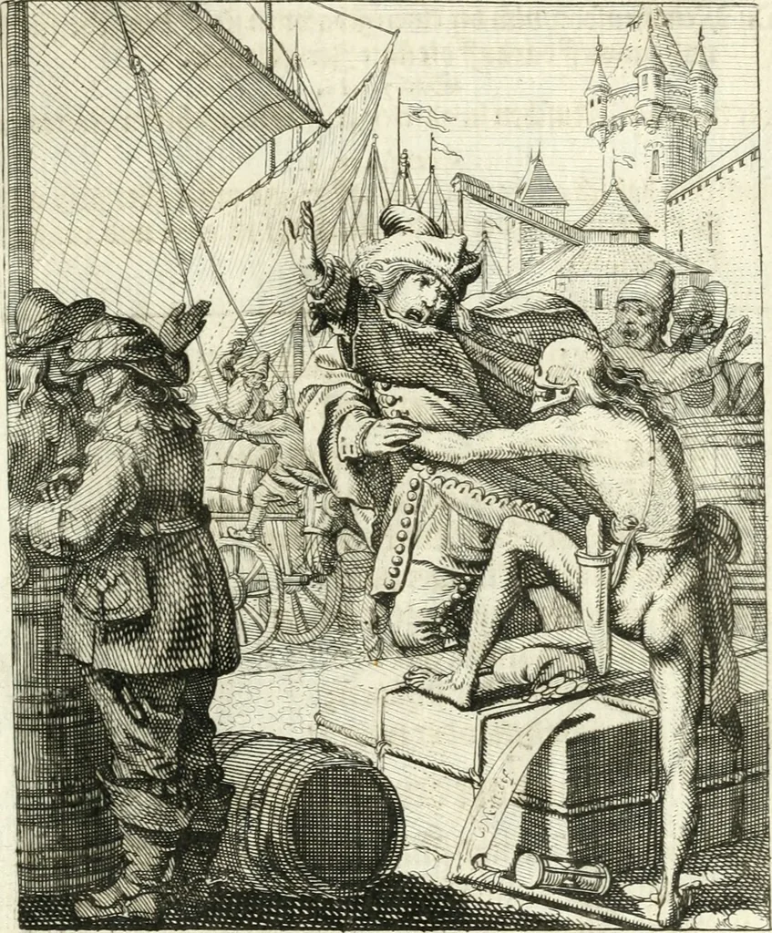 An illustration from Sterbensspiegel, das ist, Sonnenklare Vorstellung menschlicher Nichtigkeit durch alle Ständ und Geschlechter : vermitlest 60. dienstlicher Kupferblätteren, lehrzeicher Vberschrifften, und beweglicher zu vier stimmen aussgesetzter Todtengessängen, 1650, leaf 90