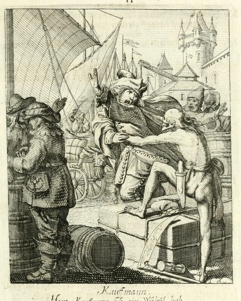 An illustration from Sterbensspiegel, das ist, Sonnenklare Vorstellung menschlicher Nichtigkeit durch alle Ständ und Geschlechter : vermitlest 60. dienstlicher Kupferblätteren, lehrzeicher Vberschrifften, und beweglicher zu vier stimmen aussgesetzter Todtengessängen, 1650, leaf 91
