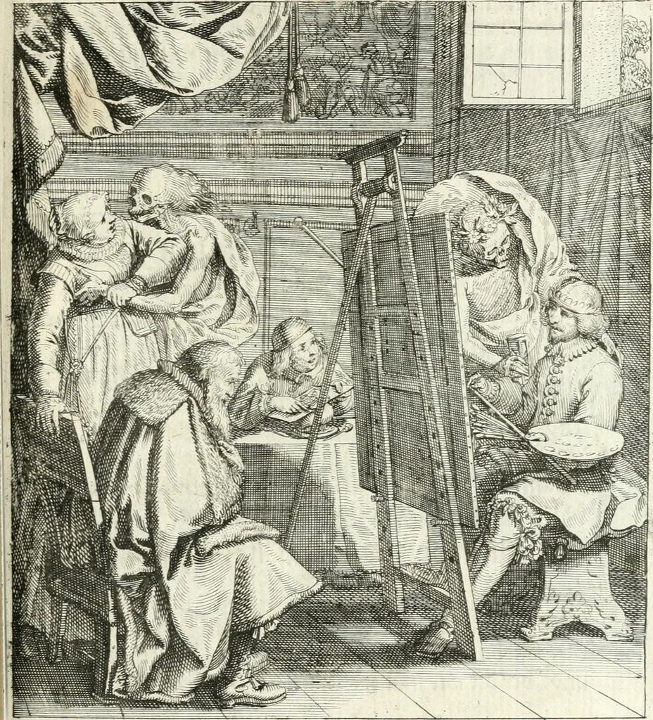 An illustration from Sterbensspiegel, das ist, Sonnenklare Vorstellung menschlicher Nichtigkeit durch alle Ständ und Geschlechter : vermitlest 60. dienstlicher Kupferblätteren, lehrzeicher Vberschrifften, und beweglicher zu vier stimmen aussgesetzter Todtengessängen, 1650, leaf 92