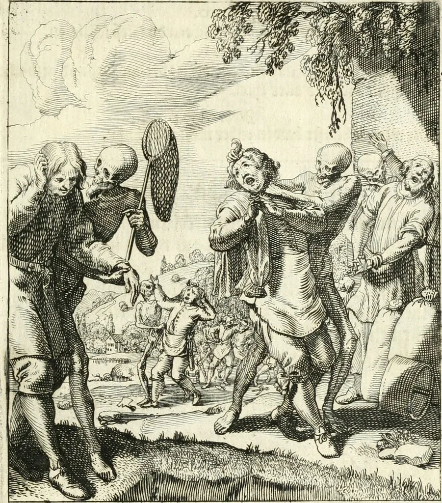 An illustration from Sterbensspiegel, das ist, Sonnenklare Vorstellung menschlicher Nichtigkeit durch alle Ständ und Geschlechter : vermitlest 60. dienstlicher Kupferblätteren, lehrzeicher Vberschrifften, und beweglicher zu vier stimmen aussgesetzter Todtengessängen, 1650, leaf 94