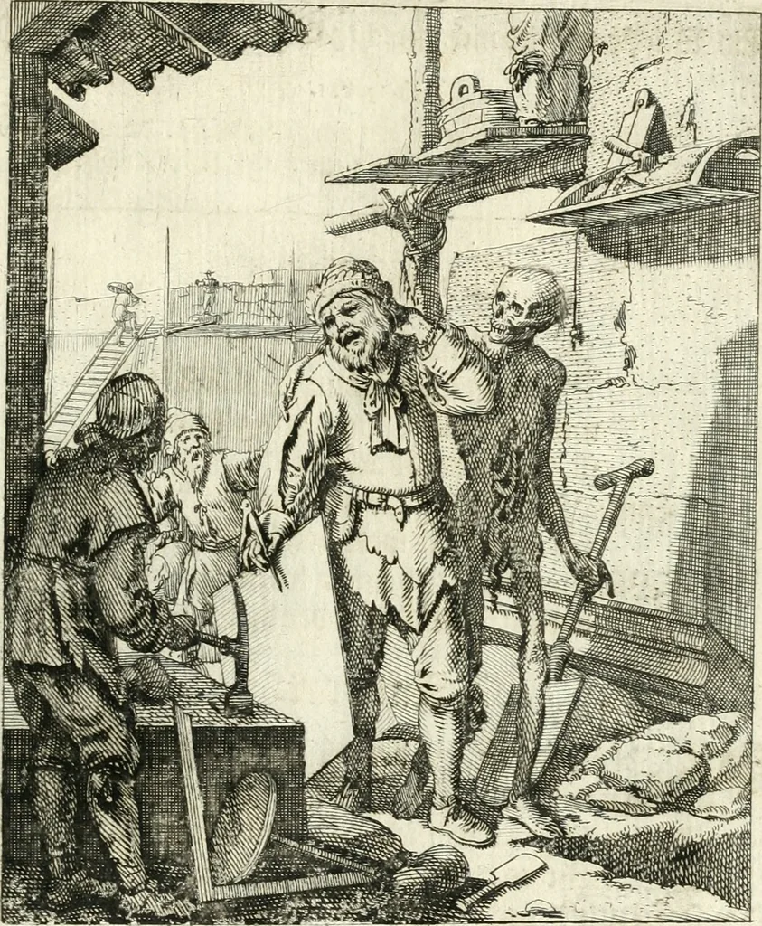 An illustration from Sterbensspiegel, das ist, Sonnenklare Vorstellung menschlicher Nichtigkeit durch alle Ständ und Geschlechter : vermitlest 60. dienstlicher Kupferblätteren, lehrzeicher Vberschrifften, und beweglicher zu vier stimmen aussgesetzter Todtengessängen, 1650, leaf 96