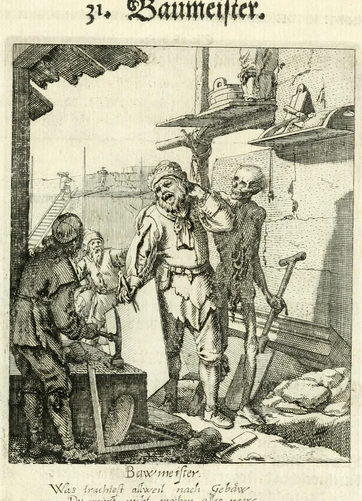 An illustration from Sterbensspiegel, das ist, Sonnenklare Vorstellung menschlicher Nichtigkeit durch alle Ständ und Geschlechter : vermitlest 60. dienstlicher Kupferblätteren, lehrzeicher Vberschrifften, und beweglicher zu vier stimmen aussgesetzter Todtengessängen, 1650, leaf 97