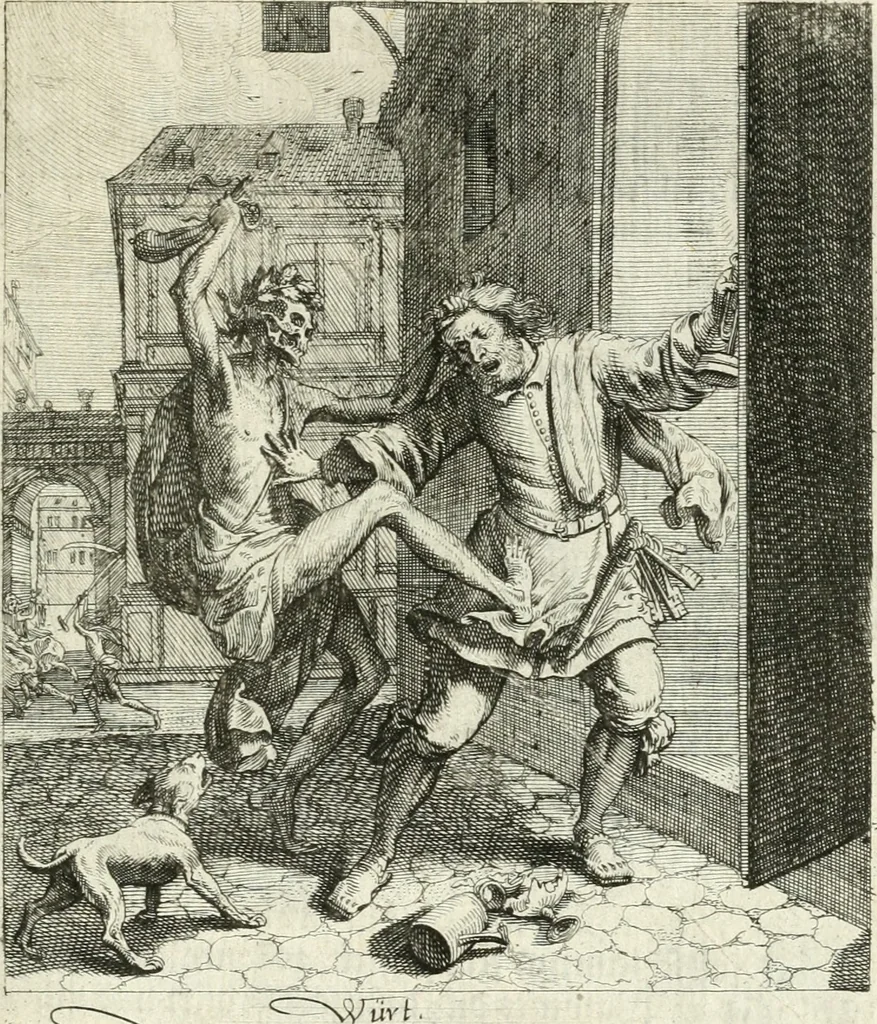 An illustration from Sterbensspiegel, das ist, Sonnenklare Vorstellung menschlicher Nichtigkeit durch alle Ständ und Geschlechter : vermitlest 60. dienstlicher Kupferblätteren, lehrzeicher Vberschrifften, und beweglicher zu vier stimmen aussgesetzter Todtengessängen, 1650, leaf 98