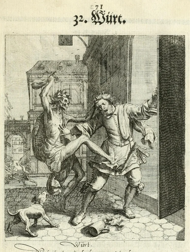 An illustration from Sterbensspiegel, das ist, Sonnenklare Vorstellung menschlicher Nichtigkeit durch alle Ständ und Geschlechter : vermitlest 60. dienstlicher Kupferblätteren, lehrzeicher Vberschrifften, und beweglicher zu vier stimmen aussgesetzter Todtengessängen, 1650, leaf 99