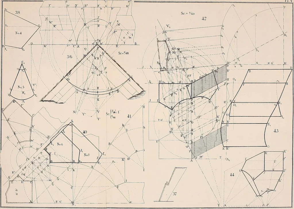 An illustration from Stereotomy : Problems in stone cutting. In four classes. I. Plane-sided structures. II. Structures containing developable surfaces. III. Structrues containing warped surfaces. IV. Structures containing double-curved surfaces. For students of engineering and architecture, 1875, leaf 124