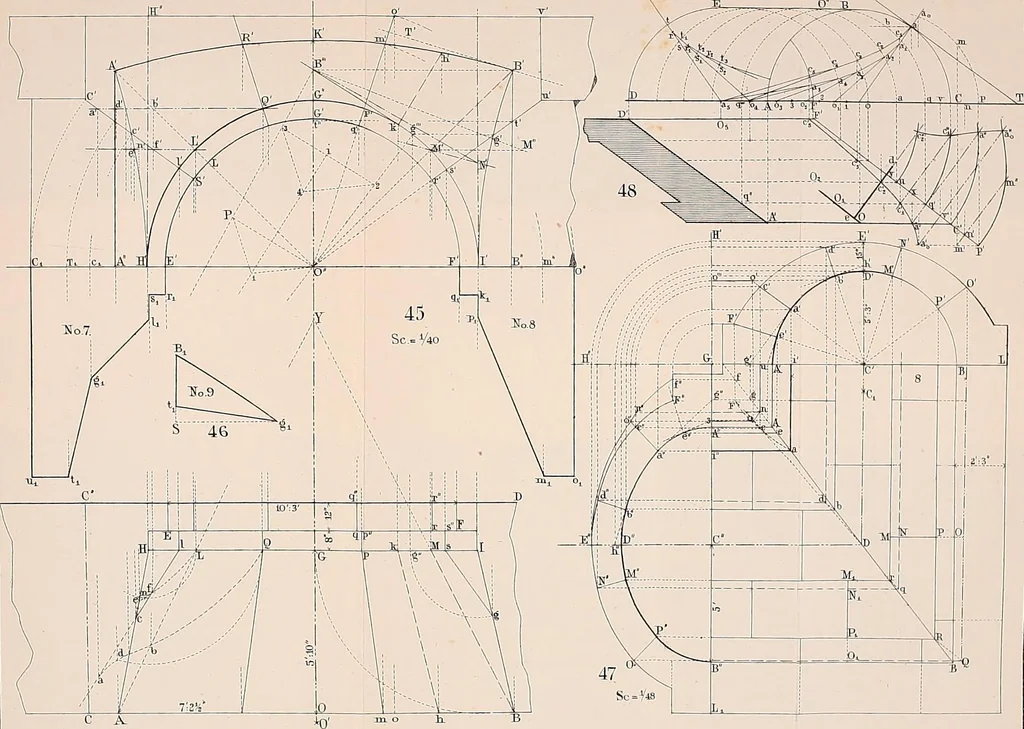 An illustration from Stereotomy : Problems in stone cutting. In four classes. I. Plane-sided structures. II. Structures containing developable surfaces. III. Structrues containing warped surfaces. IV. Structures containing double-curved surfaces. For students of engineering and architecture, 1875, leaf 134