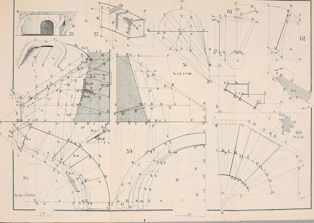 An illustration from Stereotomy : Problems in stone cutting. In four classes. I. Plane-sided structures. II. Structures containing developable surfaces. III. Structrues containing warped surfaces. IV. Structures containing double-curved surfaces. For students of engineering and architecture, 1875, leaf 154