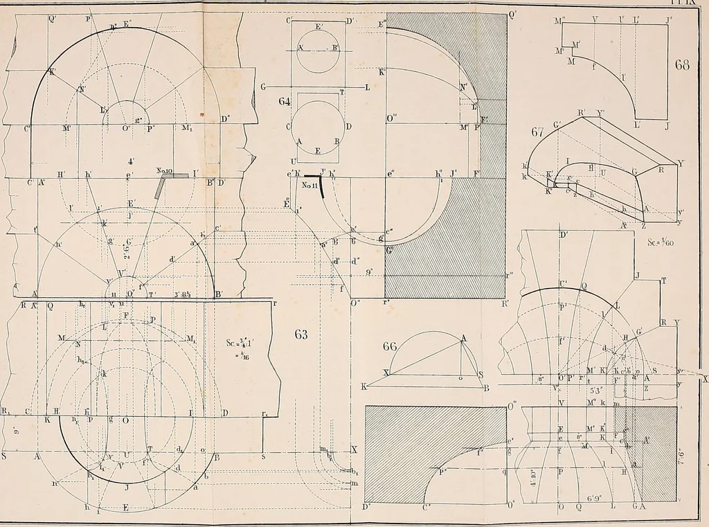 An illustration from Stereotomy : Problems in stone cutting. In four classes. I. Plane-sided structures. II. Structures containing developable surfaces. III. Structrues containing warped surfaces. IV. Structures containing double-curved surfaces. For students of engineering and architecture, 1875, leaf 162