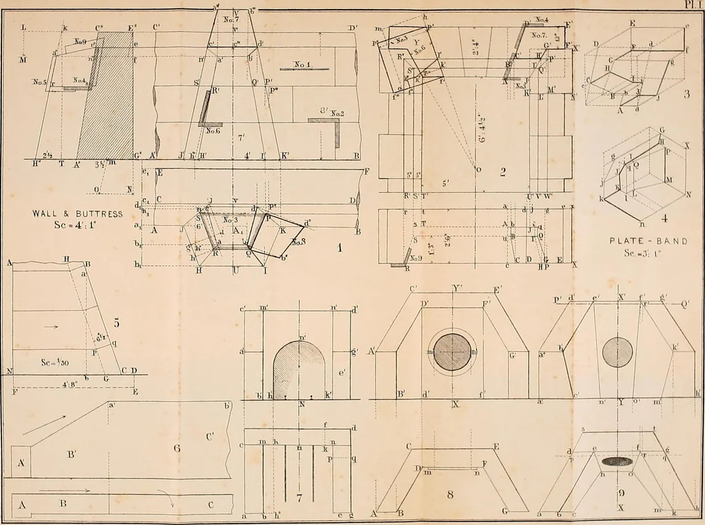 An illustration from Stereotomy : Problems in stone cutting. In four classes. I. Plane-sided structures. II. Structures containing developable surfaces. III. Structrues containing warped surfaces. IV. Structures containing double-curved surfaces. For students of engineering and architecture, 1875, leaf 86