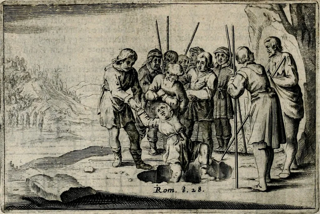 An illustration from Stichtelycke rymen, om te lesen ofte singhen. Onderscheyden in III deelen. Op nieuws over-sien en grootelijckx vermeerdert, oock de noten van druck-fauten ghecorrigeert, en verrijckt met vele copere figuren, 1647, leaf 105