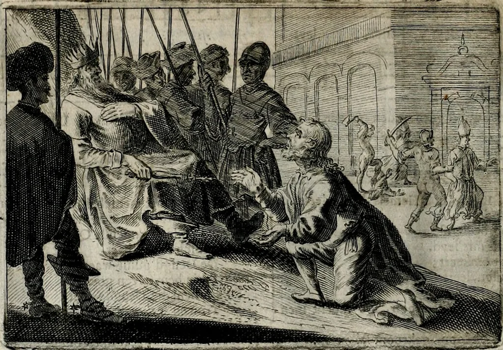 An illustration from Stichtelycke rymen, om te lesen ofte singhen. Onderscheyden in III deelen. Op nieuws over-sien en grootelijckx vermeerdert, oock de noten van druck-fauten ghecorrigeert, en verrijckt met vele copere figuren, 1647, leaf 107