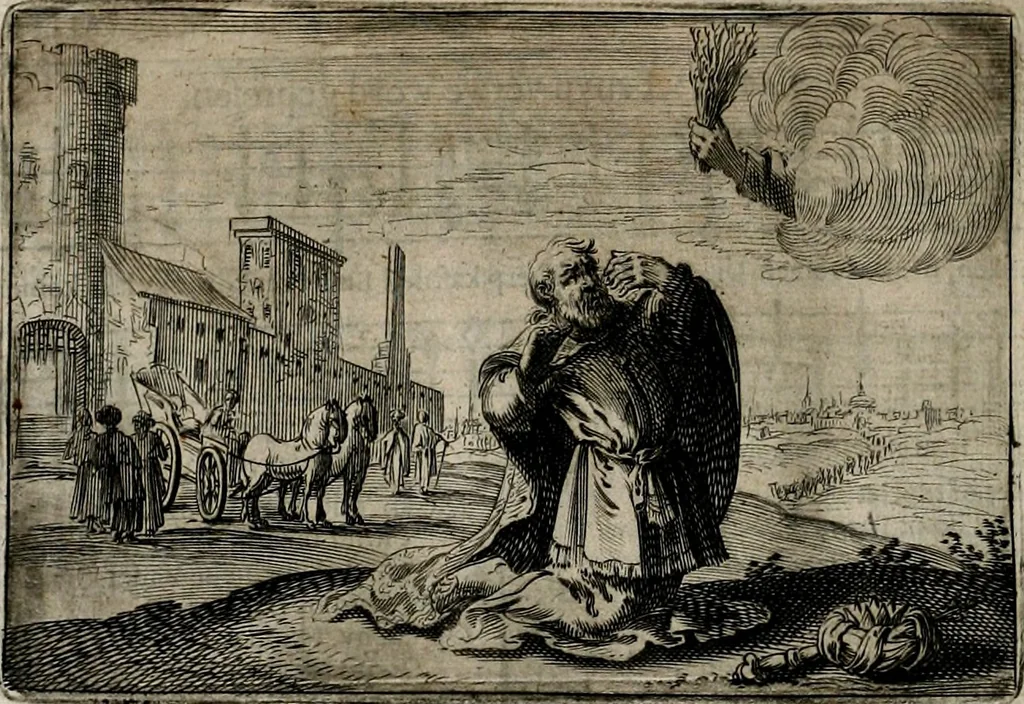 An illustration from Stichtelycke rymen, om te lesen ofte singhen. Onderscheyden in III deelen. Op nieuws over-sien en grootelijckx vermeerdert, oock de noten van druck-fauten ghecorrigeert, en verrijckt met vele copere figuren, 1647, leaf 125
