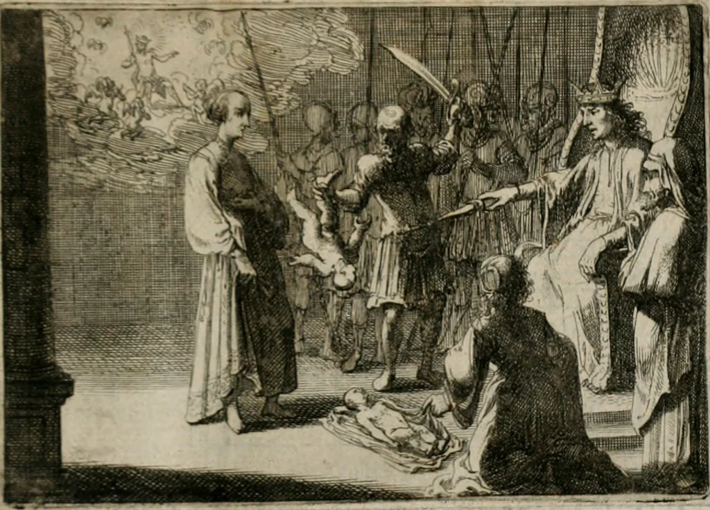 An illustration from Stichtelycke rymen, om te lesen ofte singhen. Onderscheyden in III deelen. Op nieuws over-sien en grootelijckx vermeerdert, oock de noten van druck-fauten ghecorrigeert, en verrijckt met vele copere figuren, 1647, leaf 128