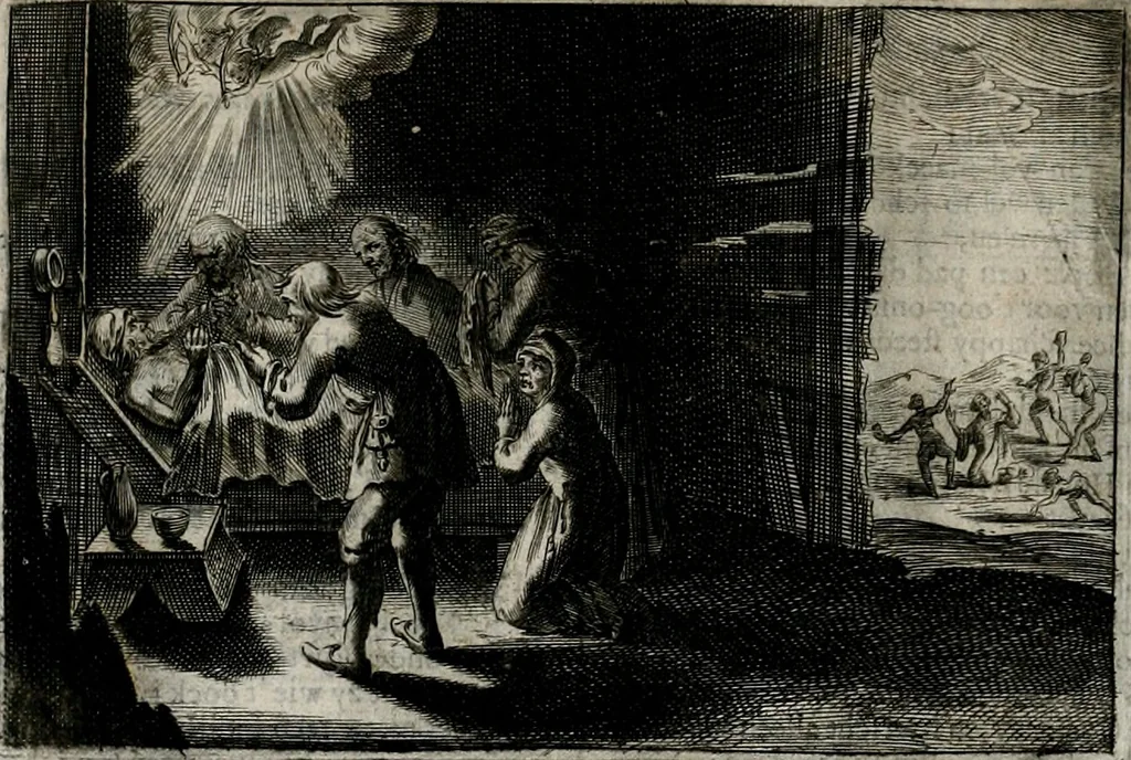An illustration from Stichtelycke rymen, om te lesen ofte singhen. Onderscheyden in III deelen. Op nieuws over-sien en grootelijckx vermeerdert, oock de noten van druck-fauten ghecorrigeert, en verrijckt met vele copere figuren, 1647, leaf 131