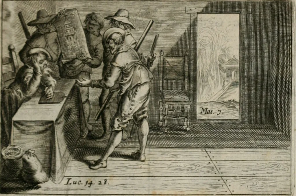 An illustration from Stichtelycke rymen, om te lesen ofte singhen. Onderscheyden in III deelen. Op nieuws over-sien en grootelijckx vermeerdert, oock de noten van druck-fauten ghecorrigeert, en verrijckt met vele copere figuren, 1647, leaf 142