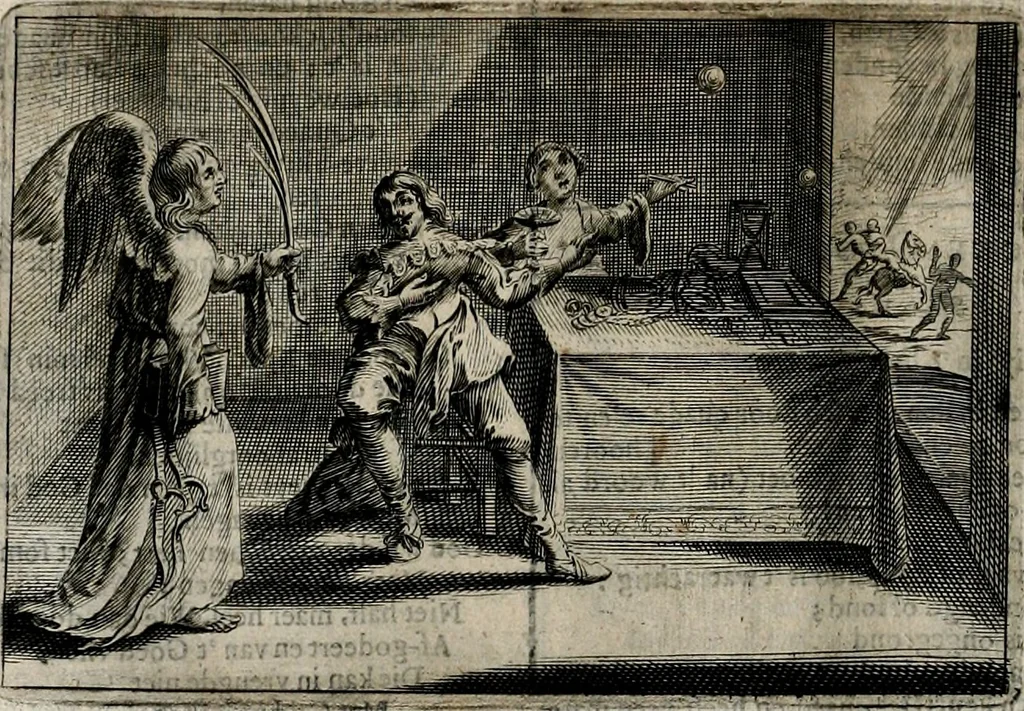 An illustration from Stichtelycke rymen, om te lesen ofte singhen. Onderscheyden in III deelen. Op nieuws over-sien en grootelijckx vermeerdert, oock de noten van druck-fauten ghecorrigeert, en verrijckt met vele copere figuren, 1647, leaf 147