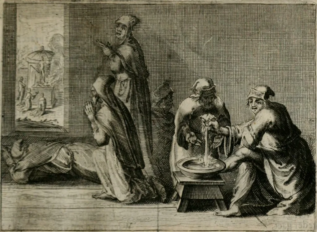 An illustration from Stichtelycke rymen, om te lesen ofte singhen. Onderscheyden in III deelen. Op nieuws over-sien en grootelijckx vermeerdert, oock de noten van druck-fauten ghecorrigeert, en verrijckt met vele copere figuren, 1647, leaf 150