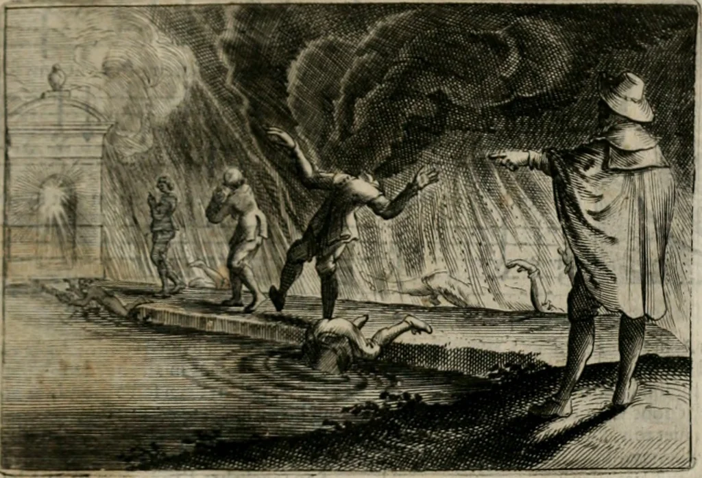 An illustration from Stichtelycke rymen, om te lesen ofte singhen. Onderscheyden in III deelen. Op nieuws over-sien en grootelijckx vermeerdert, oock de noten van druck-fauten ghecorrigeert, en verrijckt met vele copere figuren, 1647, leaf 152