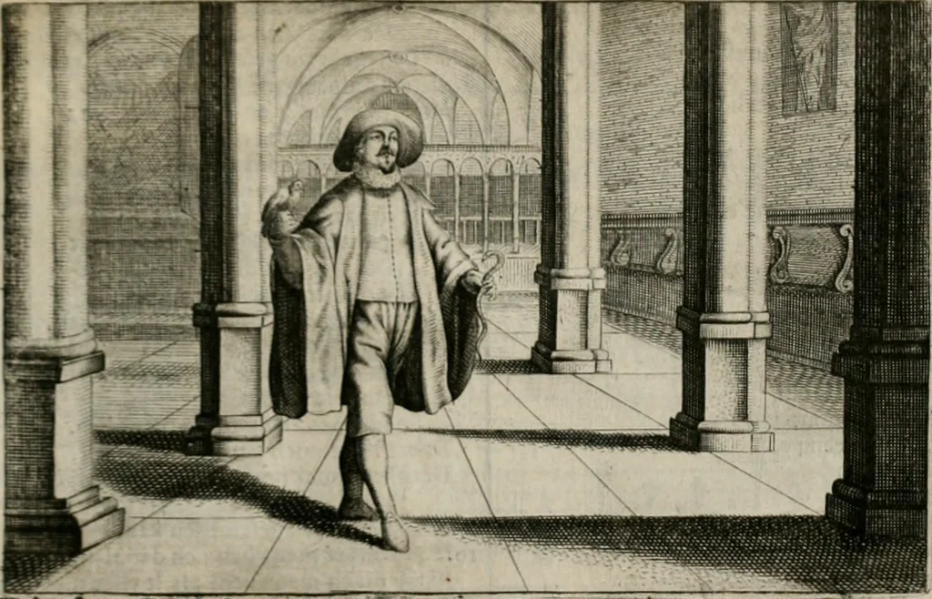 An illustration from Stichtelycke rymen, om te lesen ofte singhen. Onderscheyden in III deelen. Op nieuws over-sien en grootelijckx vermeerdert, oock de noten van druck-fauten ghecorrigeert, en verrijckt met vele copere figuren, 1647, leaf 212