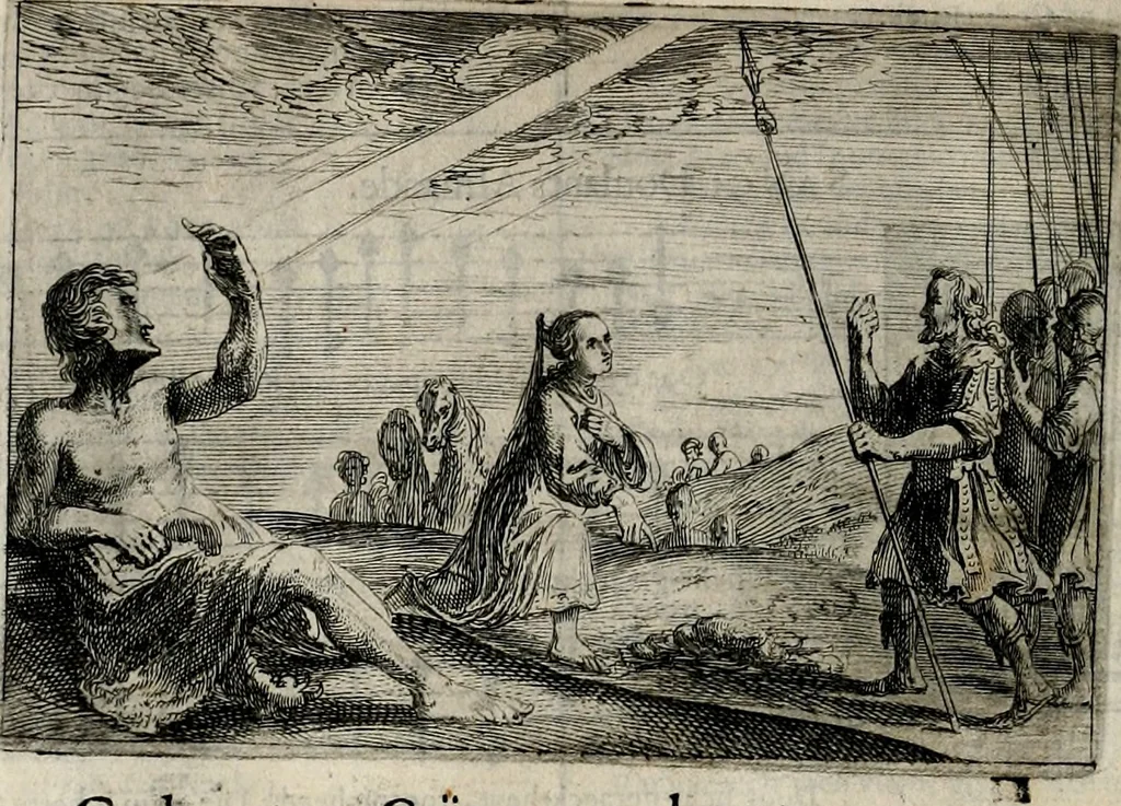 An illustration from Stichtelycke rymen, om te lesen ofte singhen. Onderscheyden in III deelen. Op nieuws over-sien en grootelijckx vermeerdert, oock de noten van druck-fauten ghecorrigeert, en verrijckt met vele copere figuren, 1647, leaf 215