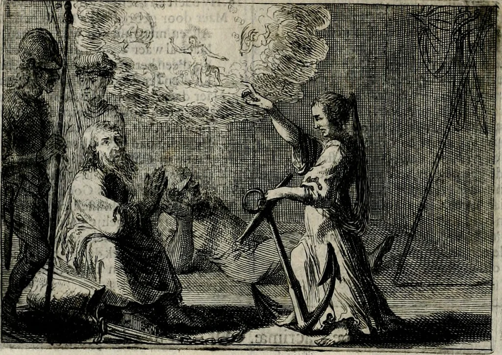 An illustration from Stichtelycke rymen, om te lesen ofte singhen. Onderscheyden in III deelen. Op nieuws over-sien en grootelijckx vermeerdert, oock de noten van druck-fauten ghecorrigeert, en verrijckt met vele copere figuren, 1647, leaf 223