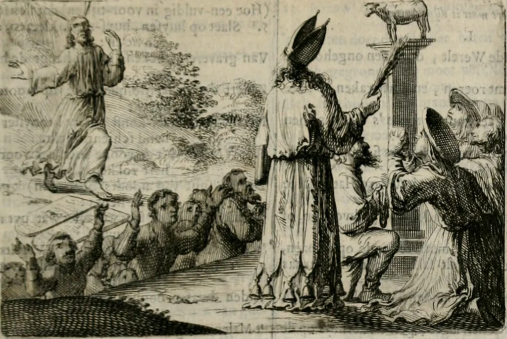 An illustration from Stichtelycke rymen, om te lesen ofte singhen. Onderscheyden in III deelen. Op nieuws over-sien en grootelijckx vermeerdert, oock de noten van druck-fauten ghecorrigeert, en verrijckt met vele copere figuren, 1647, leaf 228