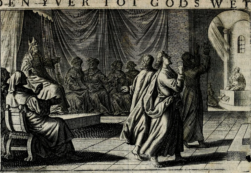 An illustration from Stichtelycke rymen, om te lesen ofte singhen. Onderscheyden in III deelen. Op nieuws over-sien en grootelijckx vermeerdert, oock de noten van druck-fauten ghecorrigeert, en verrijckt met vele copere figuren, 1647, leaf 281