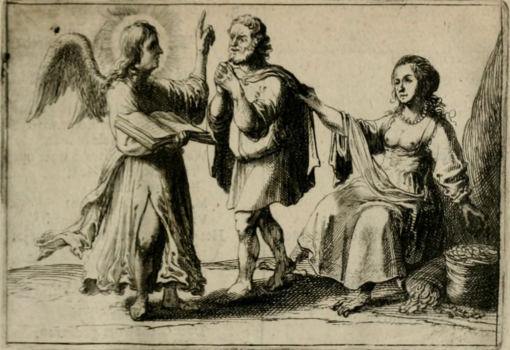An illustration from Stichtelycke rymen, om te lesen ofte singhen. Onderscheyden in III deelen. Op nieuws over-sien en grootelijckx vermeerdert, oock de noten van druck-fauten ghecorrigeert, en verrijckt met vele copere figuren, 1647, leaf 30