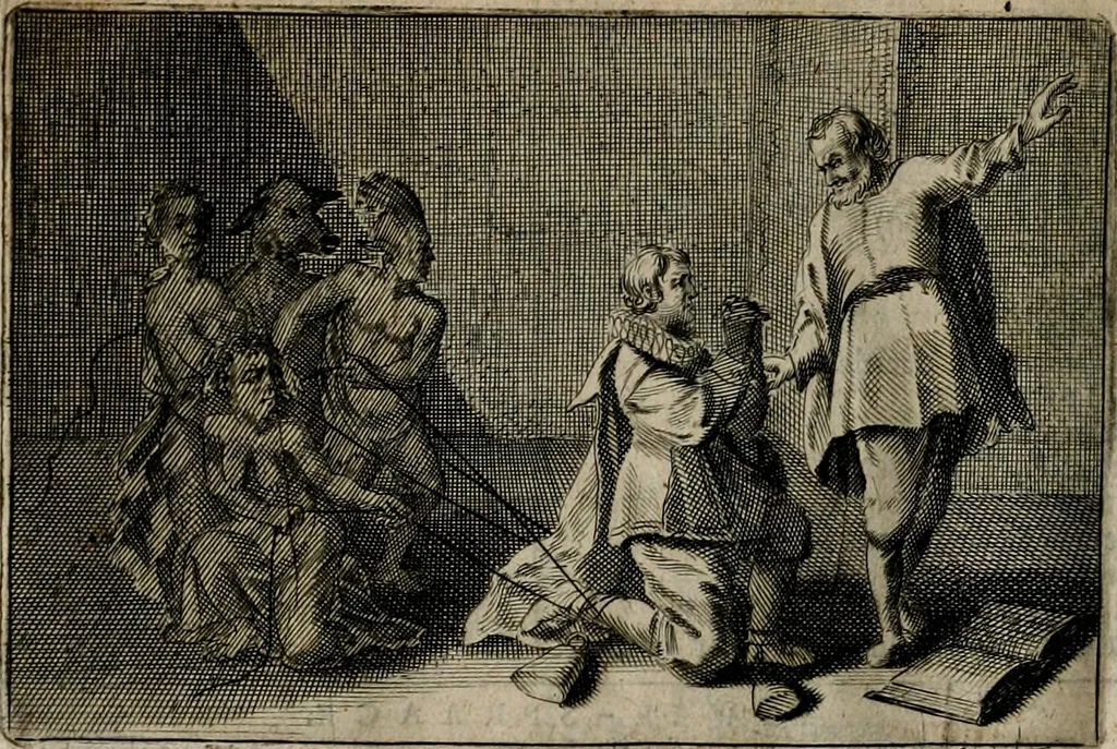 An illustration from Stichtelycke rymen, om te lesen ofte singhen. Onderscheyden in III deelen. Op nieuws over-sien en grootelijckx vermeerdert, oock de noten van druck-fauten ghecorrigeert, en verrijckt met vele copere figuren, 1647, leaf 33