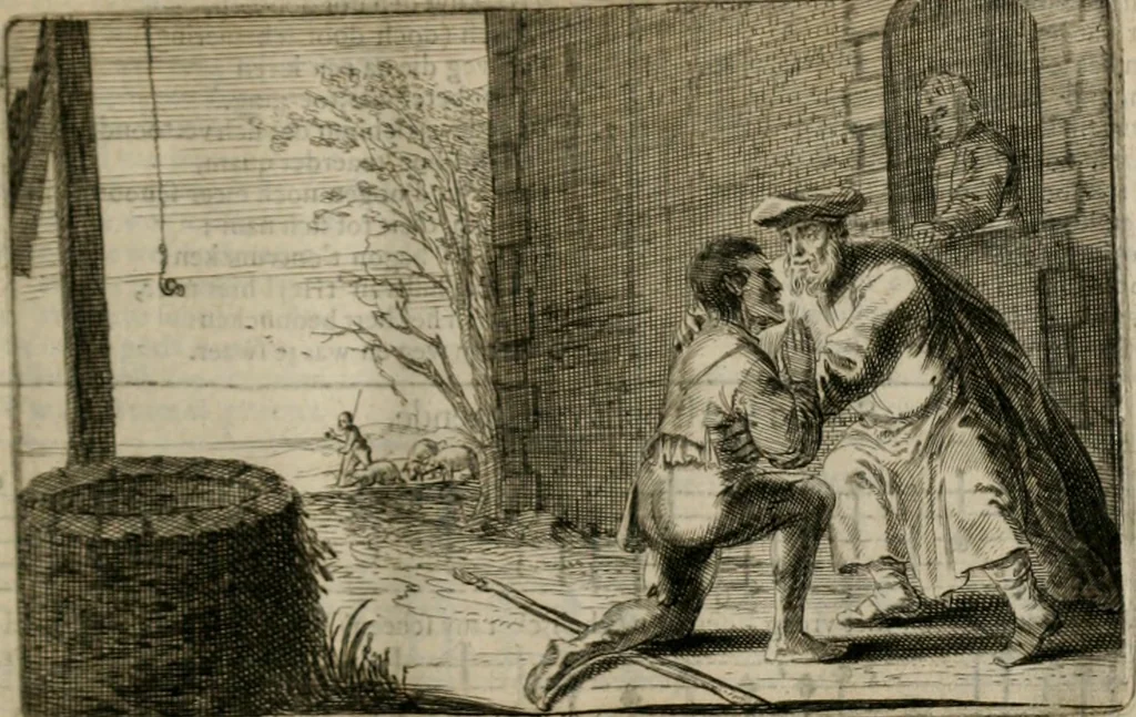An illustration from Stichtelycke rymen, om te lesen ofte singhen. Onderscheyden in III deelen. Op nieuws over-sien en grootelijckx vermeerdert, oock de noten van druck-fauten ghecorrigeert, en verrijckt met vele copere figuren, 1647, leaf 36
