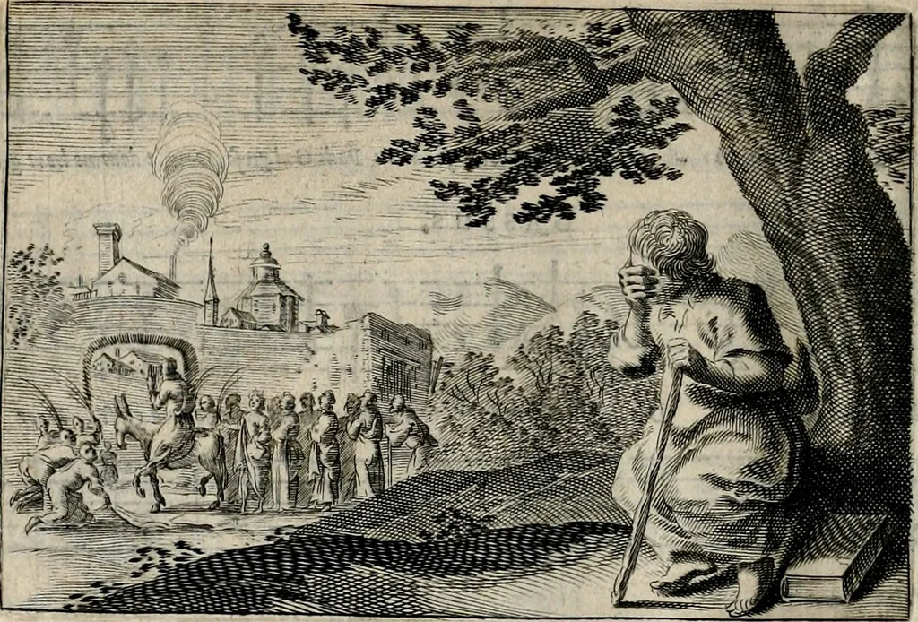 An illustration from Stichtelycke rymen, om te lesen ofte singhen. Onderscheyden in III deelen. Op nieuws over-sien en grootelijckx vermeerdert, oock de noten van druck-fauten ghecorrigeert, en verrijckt met vele copere figuren, 1647, leaf 71
