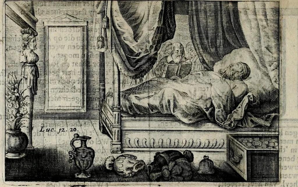An illustration from Stichtelycke rymen, om te lesen ofte singhen. Onderscheyden in III deelen. Op nieuws over-sien en grootelijckx vermeerdert, oock de noten van druck-fauten ghecorrigeert, en verrijckt met vele copere figuren, 1647, leaf 73