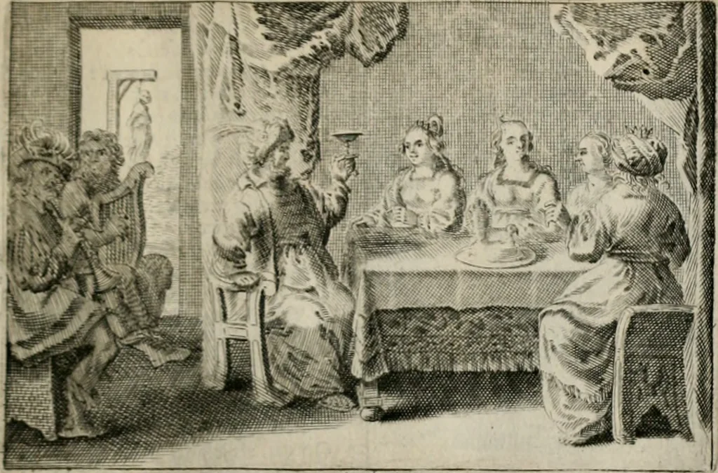 An illustration from Stichtelycke rymen, om te lesen ofte singhen. Onderscheyden in III deelen. Op nieuws over-sien en grootelijckx vermeerdert, oock de noten van druck-fauten ghecorrigeert, en verrijckt met vele copere figuren, 1647, leaf 78