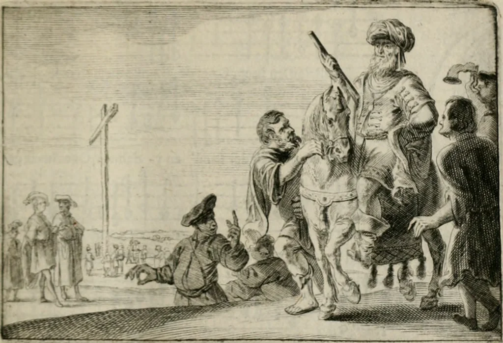 An illustration from Stichtelycke rymen, om te lesen ofte singhen. Onderscheyden in III deelen. Op nieuws over-sien en grootelijckx vermeerdert, oock de noten van druck-fauten ghecorrigeert, en verrijckt met vele copere figuren, 1647, leaf 80