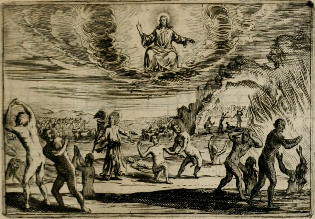 An illustration from Stichtelycke rymen, om te lesen ofte singhen. Onderscheyden in III deelen. Op nieuws over-sien en grootelijckx vermeerdert, oock de noten van druck-fauten ghecorrigeert, en verrijckt met vele copere figuren, 1647, leaf 84