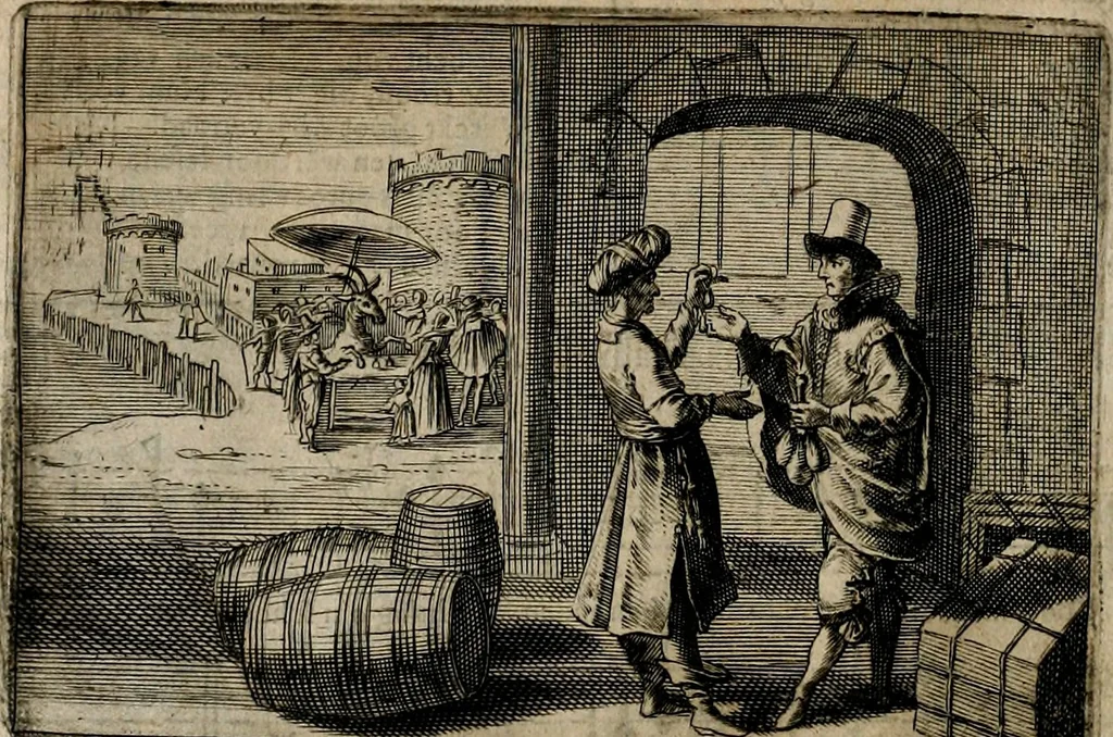 An illustration from Stichtelycke rymen, om te lesen ofte singhen. Onderscheyden in III deelen. Op nieuws over-sien en grootelijckx vermeerdert, oock de noten van druck-fauten ghecorrigeert, en verrijckt met vele copere figuren, 1647, leaf 87
