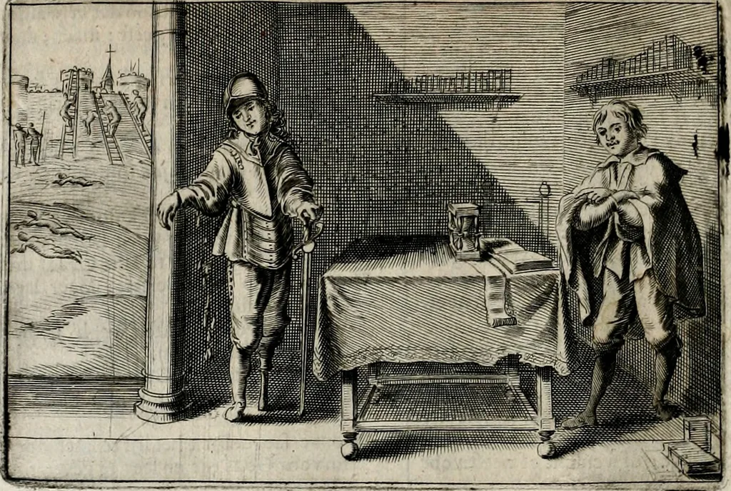 An illustration from Stichtelycke rymen, om te lesen ofte singhen. Onderscheyden in III deelen. Op nieuws over-sien en grootelijckx vermeerdert, oock de noten van druck-fauten ghecorrigeert, en verrijckt met vele copere figuren, 1647, leaf 93