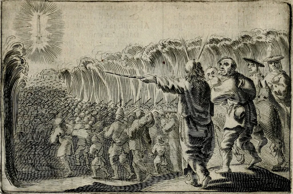 An illustration from Stichtelycke rymen, om te lesen ofte singhen. Onderscheyden in III deelen. Op nieuws over-sien en grootelijckx vermeerdert, oock de noten van druck-fauten ghecorrigeert, en verrijckt met vele copere figuren, 1647, leaf 95