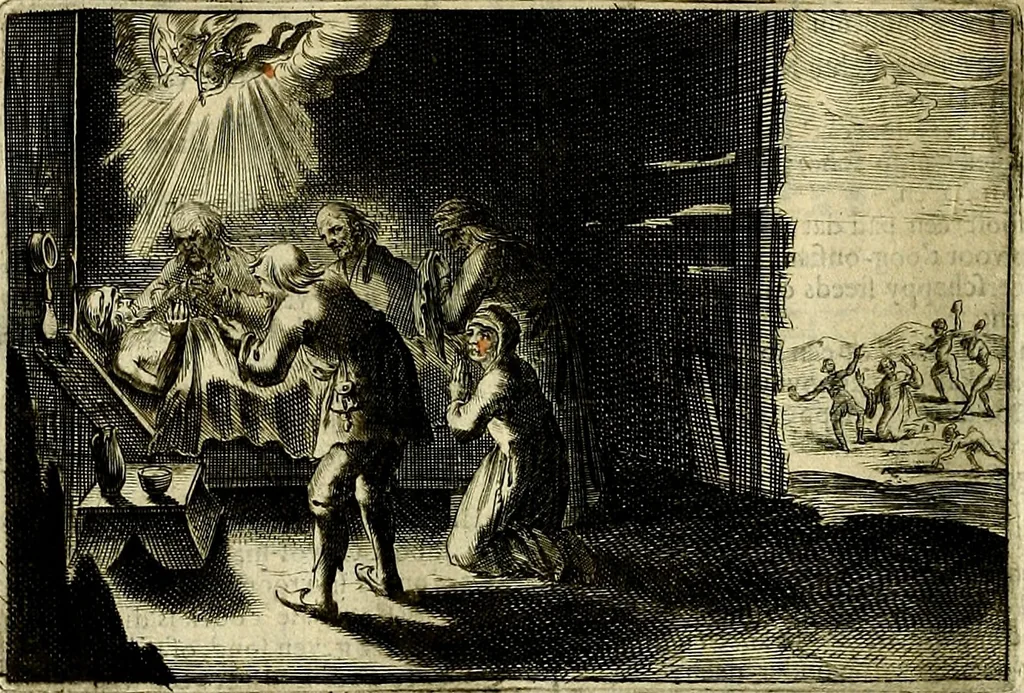 An illustration from Stichtelycke rymen, om te lesen ofte singhen. Onderscheyden in III deelen. Op nieuws over-sien en grootelijckx vermeerdert, oock de noten van druck-fauten ghecorrigeert, en verrijckt met vele copere figuren, 1647, leaf 125
