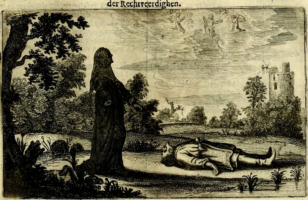An illustration from Stichtelycke rymen, om te lesen ofte singhen. Onderscheyden in III deelen. Op nieuws over-sien en grootelijckx vermeerdert, oock de noten van druck-fauten ghecorrigeert, en verrijckt met vele copere figuren, 1647, leaf 128