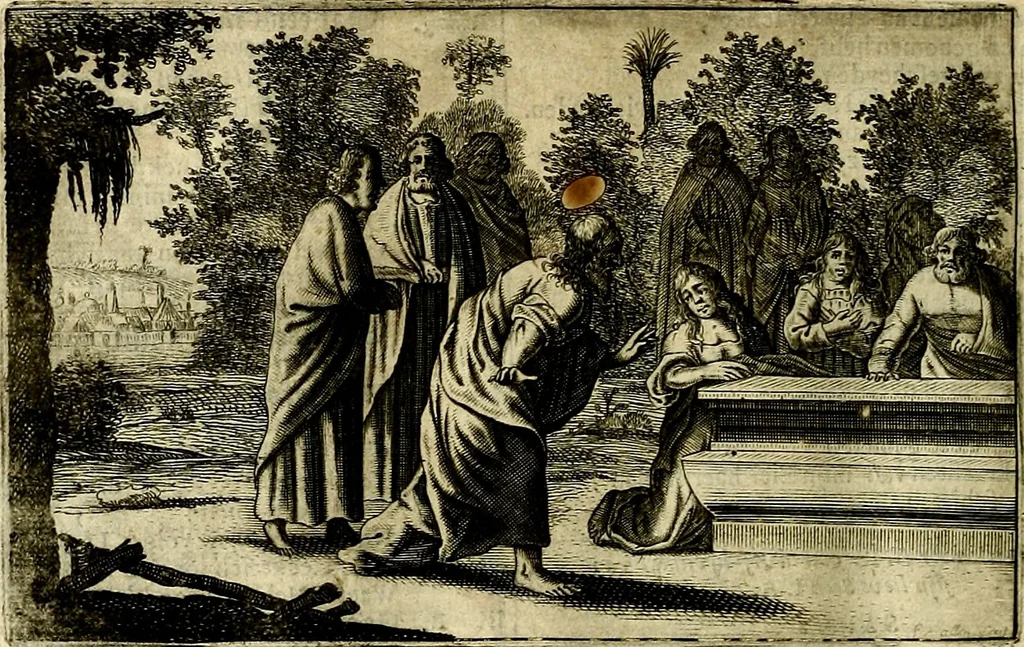 An illustration from Stichtelycke rymen, om te lesen ofte singhen. Onderscheyden in III deelen. Op nieuws over-sien en grootelijckx vermeerdert, oock de noten van druck-fauten ghecorrigeert, en verrijckt met vele copere figuren, 1647, leaf 131