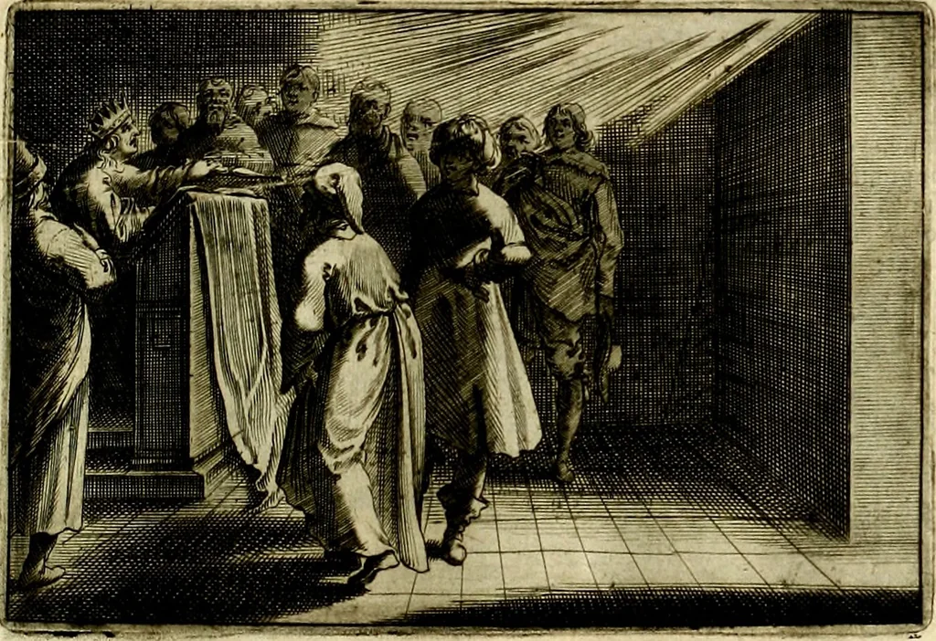An illustration from Stichtelycke rymen, om te lesen ofte singhen. Onderscheyden in III deelen. Op nieuws over-sien en grootelijckx vermeerdert, oock de noten van druck-fauten ghecorrigeert, en verrijckt met vele copere figuren, 1647, leaf 134