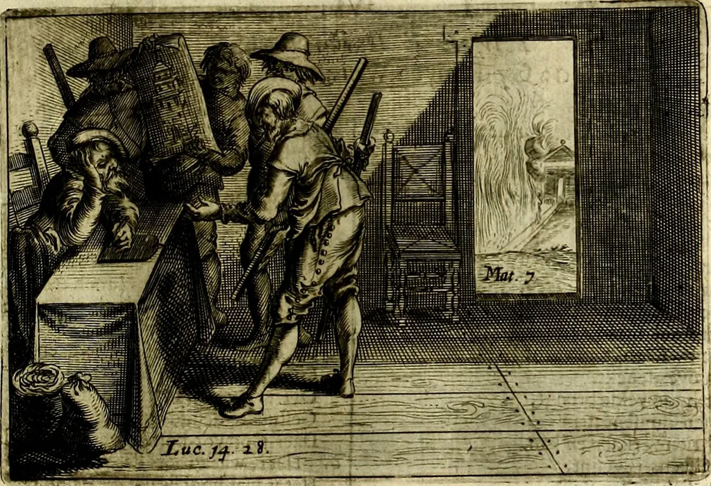 An illustration from Stichtelycke rymen, om te lesen ofte singhen. Onderscheyden in III deelen. Op nieuws over-sien en grootelijckx vermeerdert, oock de noten van druck-fauten ghecorrigeert, en verrijckt met vele copere figuren, 1647, leaf 136
